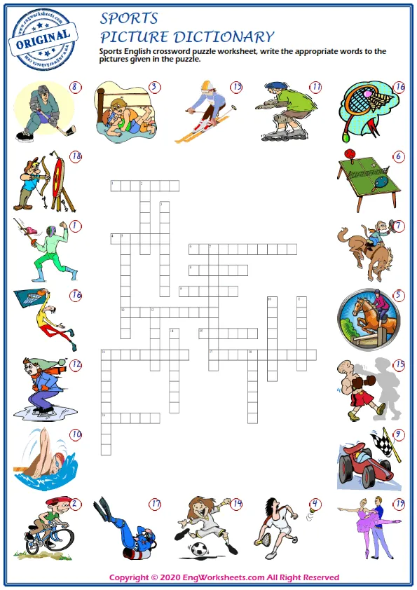 Sports English crossword puzzle worksheet, write the appropriate words to the pictures given in the puzzle. Worksheet Preview