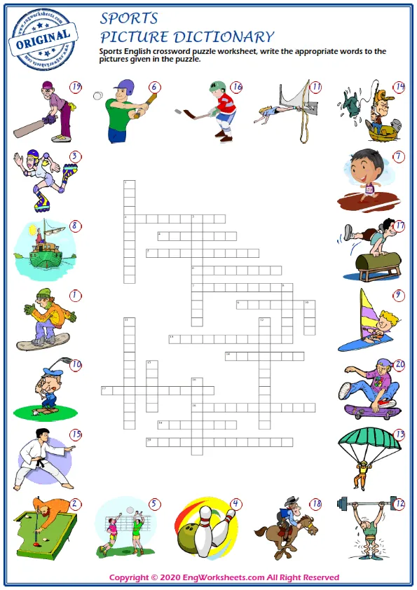 Sports English crossword puzzle worksheet, write the appropriate words to the pictures given in the puzzle. Worksheet Preview