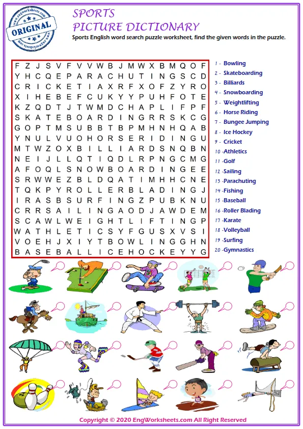 Sports English word search puzzle worksheet, find the given words in the puzzle. Worksheet Preview