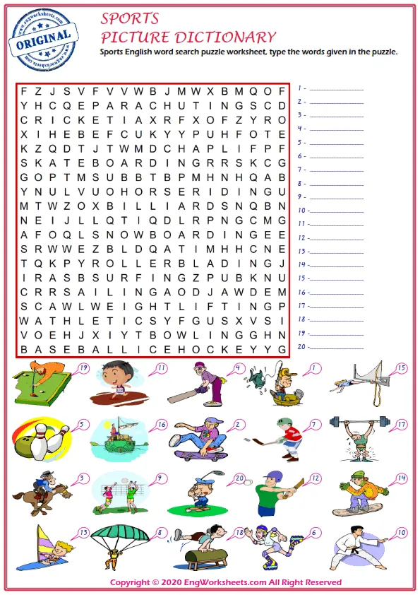 Sports English word search puzzle worksheet, type the words given in the puzzle. Worksheet Preview