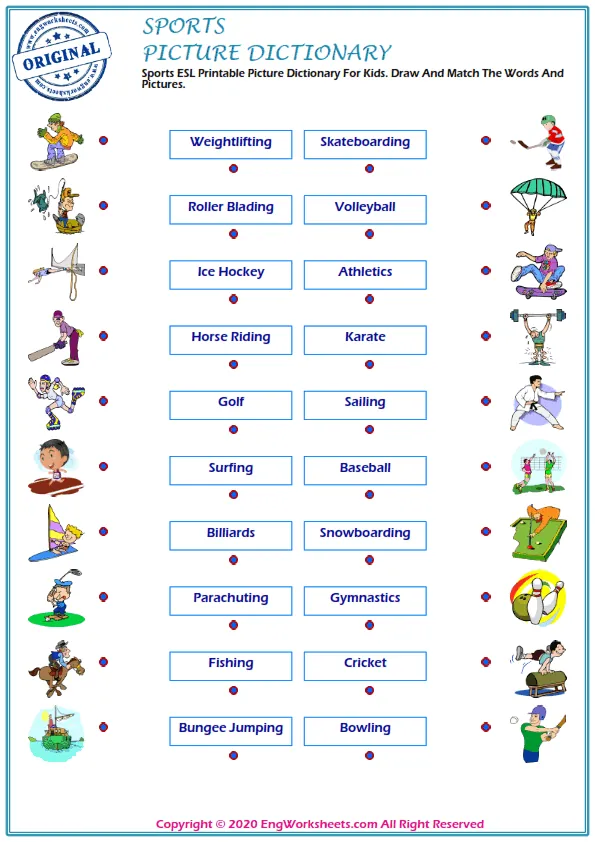 Sports ESL Printable Picture Dictionary For Kids. Draw And Match The Words And Pictures. Worksheet Preview