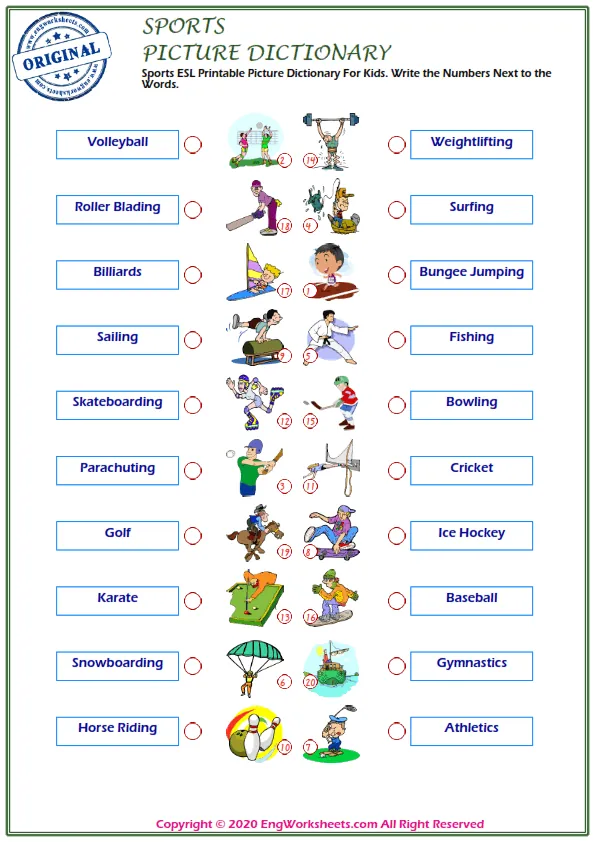 Sports ESL Printable Picture Dictionary For Kids. Write the Numbers Next to the Words. Worksheet Preview