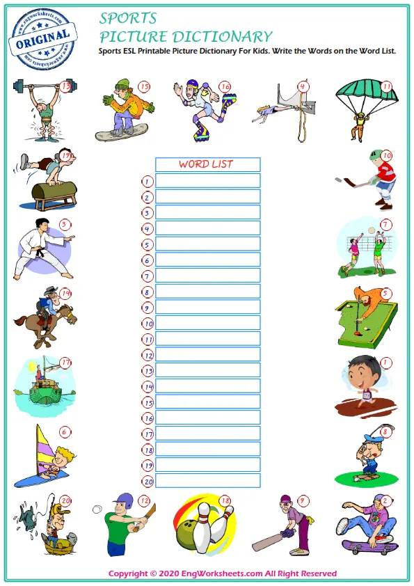 Sports ESL Printable Picture Dictionary For Kids. Write the Words on the Word List. Worksheet Preview