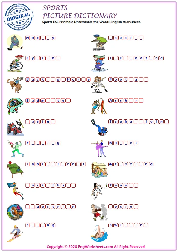 Sports ESL Printable Unscramble the Words English Worksheet. Worksheet Preview