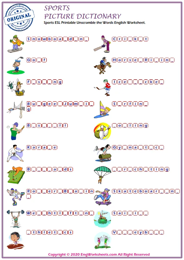 Sports ESL Printable Unscramble the Words English Worksheet. Worksheet Preview