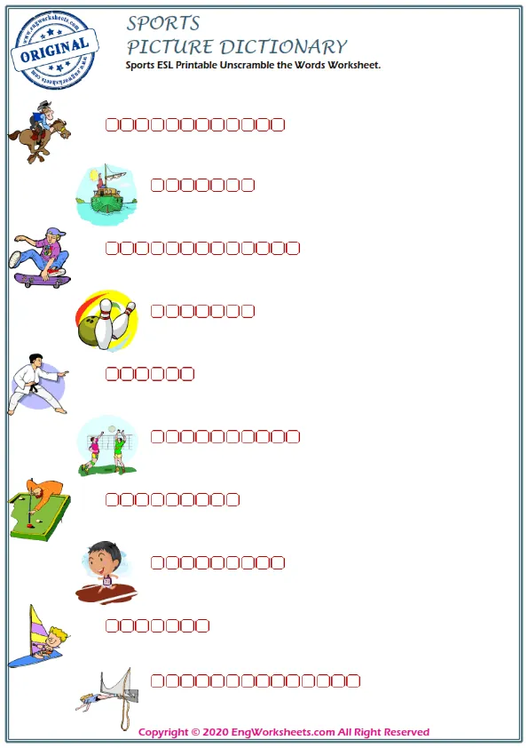 Sports ESL Printable Unscramble the Words Worksheet. Worksheet Preview