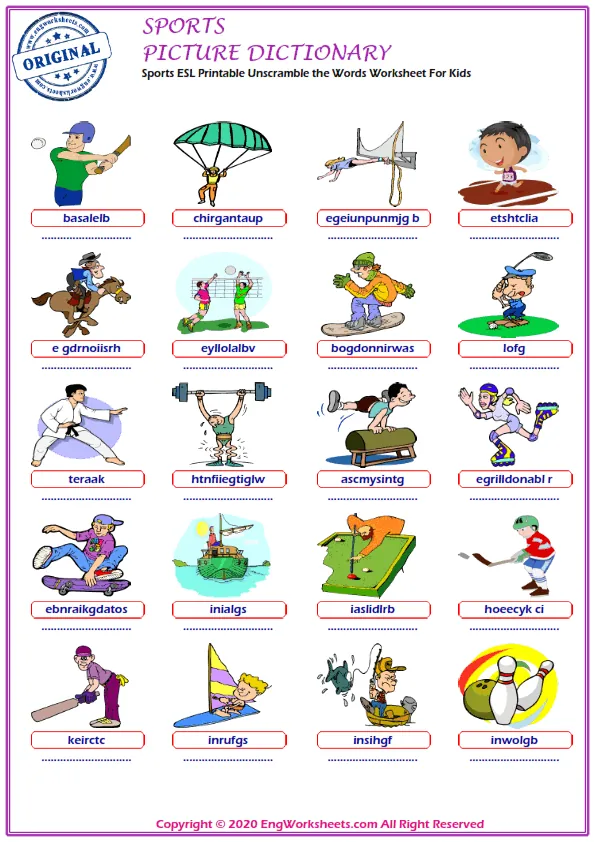 Sports ESL Printable Unscramble the Words Worksheet For Kids Worksheet Preview