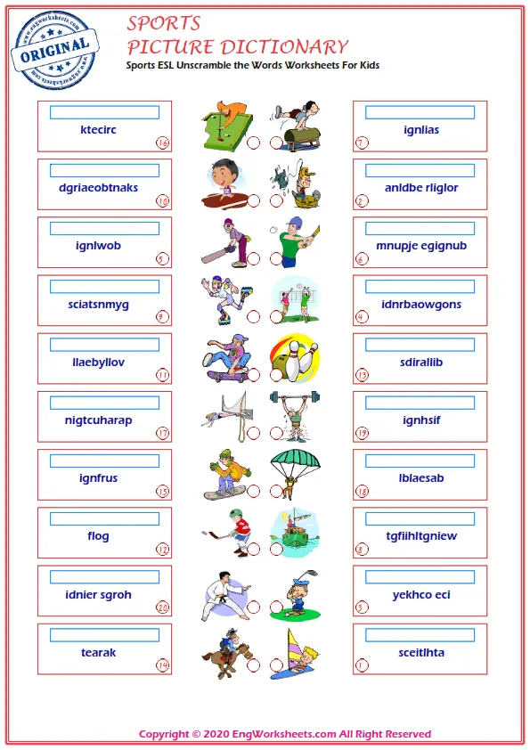 Sports ESL Unscramble the Words Worksheets For Kids Worksheet Preview
