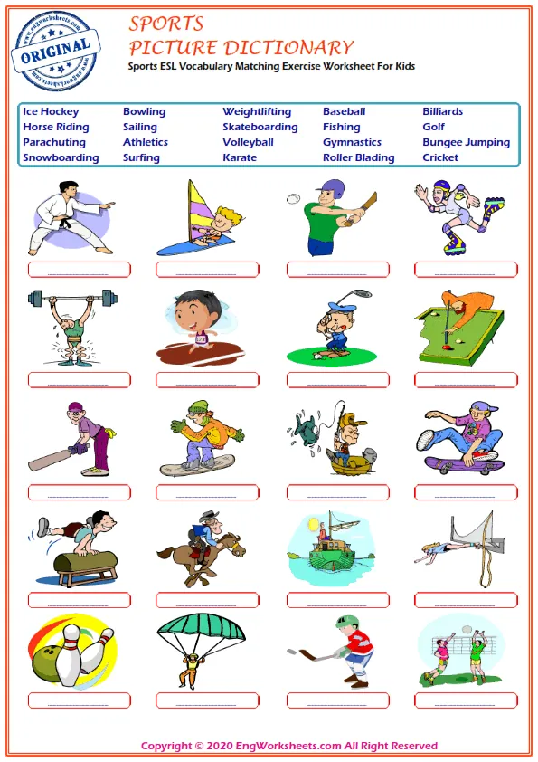 Sports ESL Vocabulary Matching Exercise Worksheet For Kids Worksheet Preview