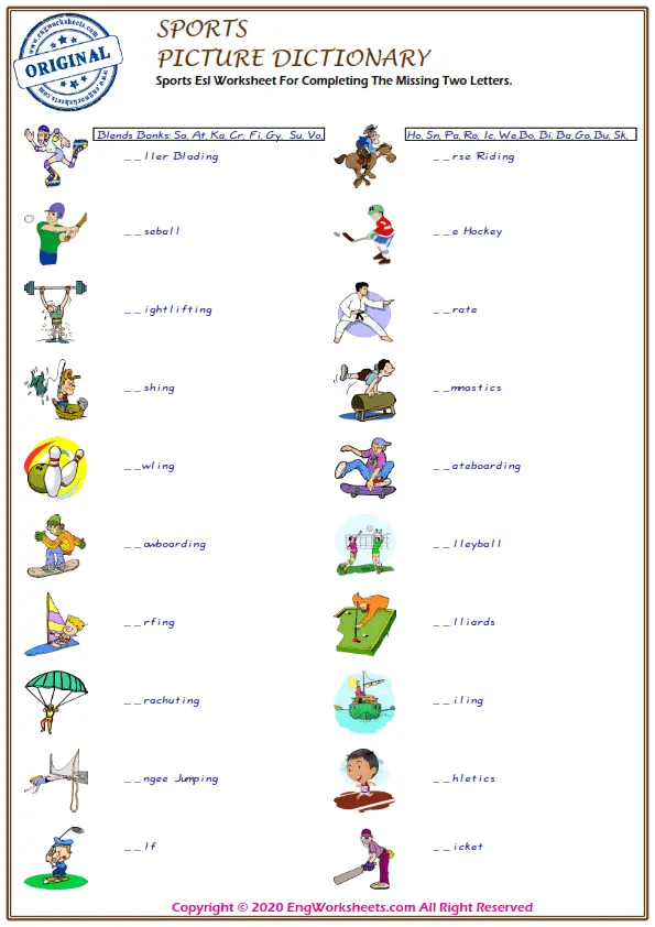Sports Esl Worksheet For Completing The Missing Two Letters. Worksheet Preview