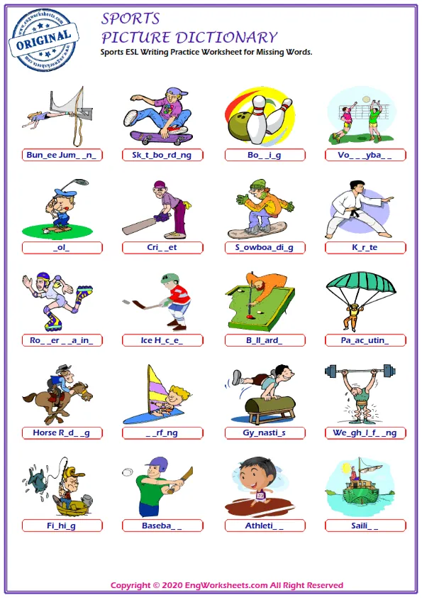 Sports ESL Writing Practice Worksheet for Missing Words. Worksheet Preview