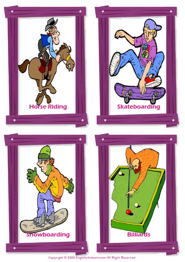 Sports vocabulary worksheet with words, four images per page Worksheet Preview