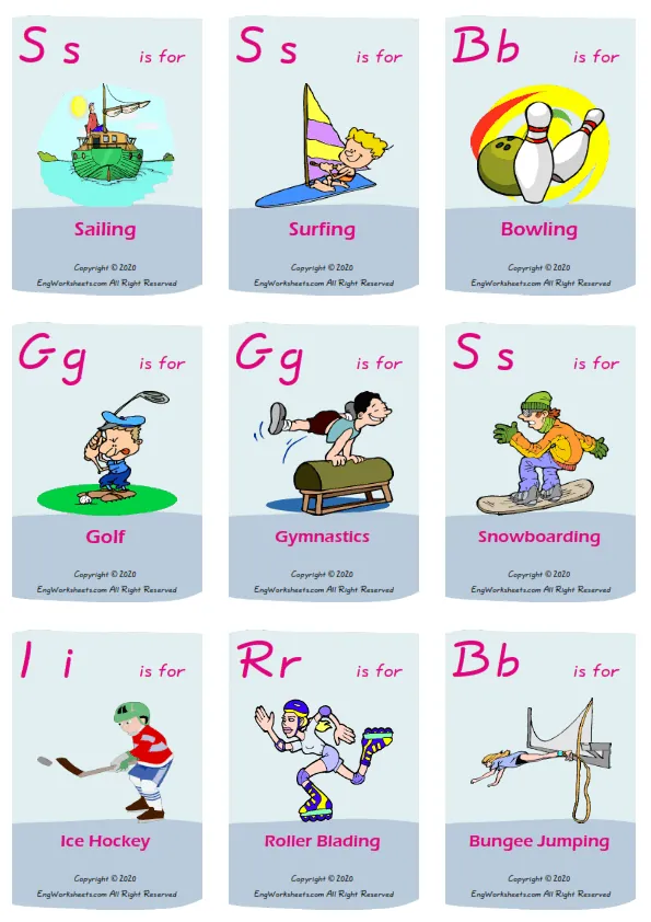Sports vocabulary worksheet with words, nine images per page Worksheet Preview