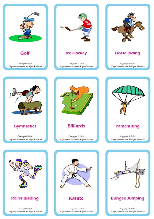 Sports vocabulary worksheet with words, nine images per page Worksheet Preview