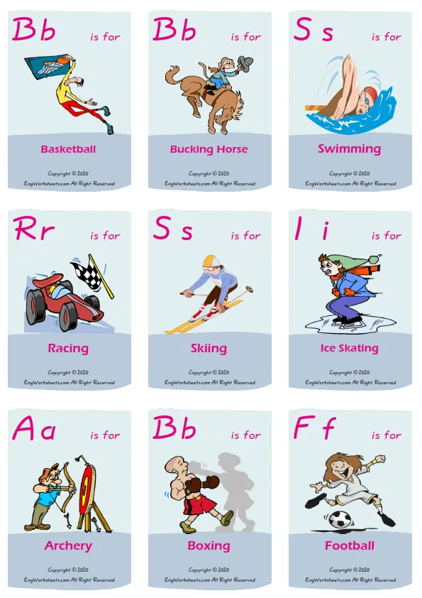 Sports vocabulary worksheet with words, nine images per page Worksheet Preview