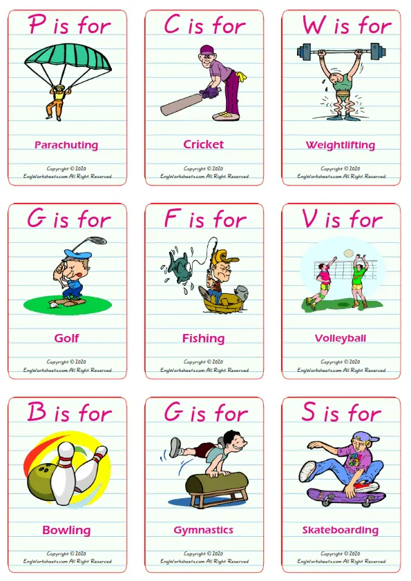 Sports vocabulary worksheet with words, nine images per page Worksheet Preview