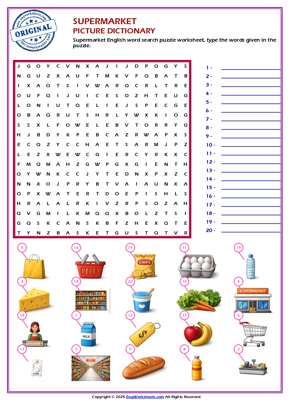 Supermarket English word search puzzle worksheet, type the words given in the puzzle. Worksheet Preview
