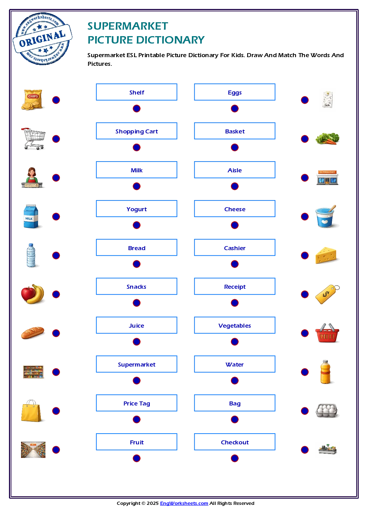 Supermarket ESL Printable Picture Dictionary For Kids. Draw And Match The Words And Pictures. Worksheet Preview