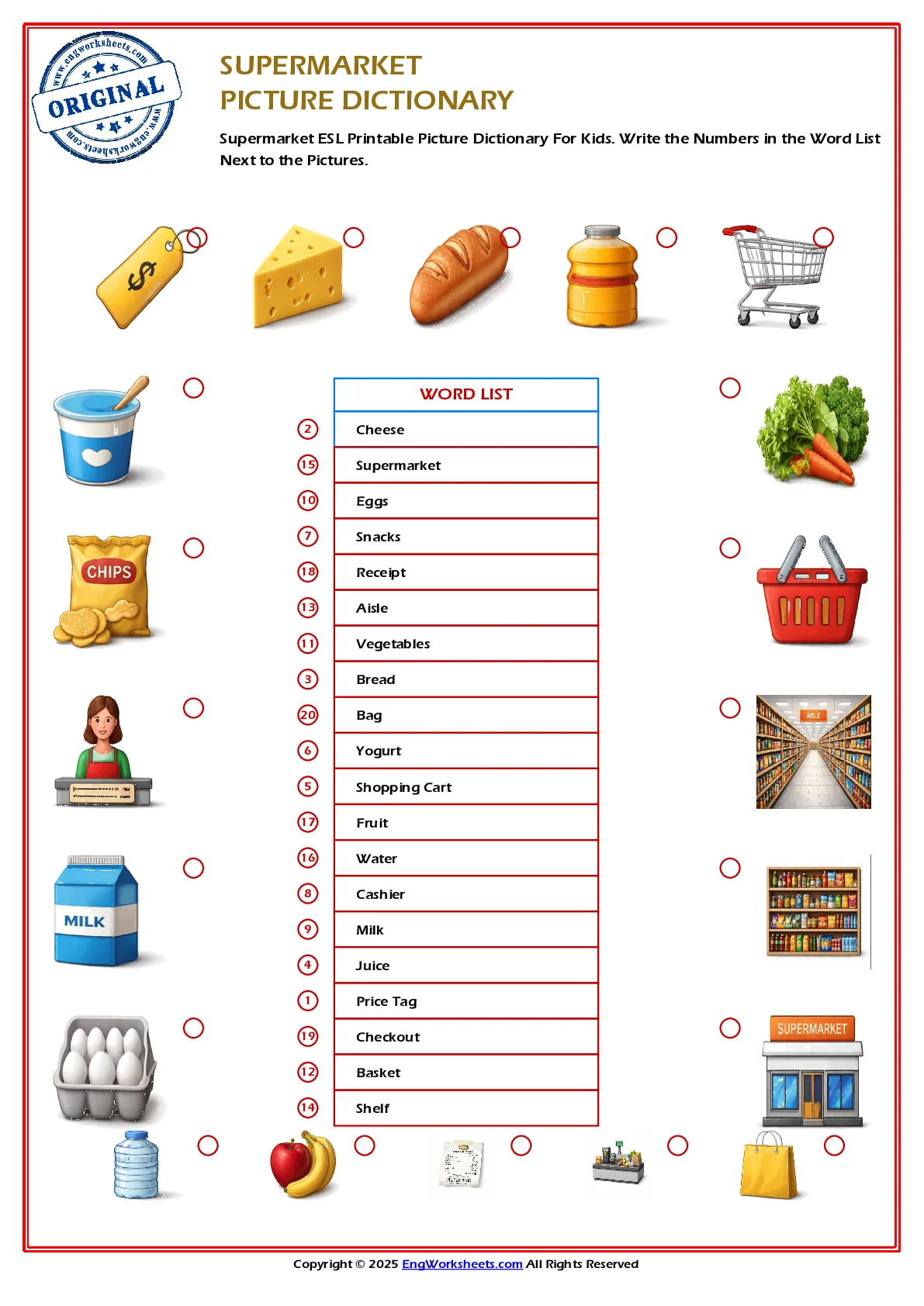 Supermarket ESL Printable Picture Dictionary For Kids. Write the Numbers in the Word List Next to the Pictures. Worksheet Preview