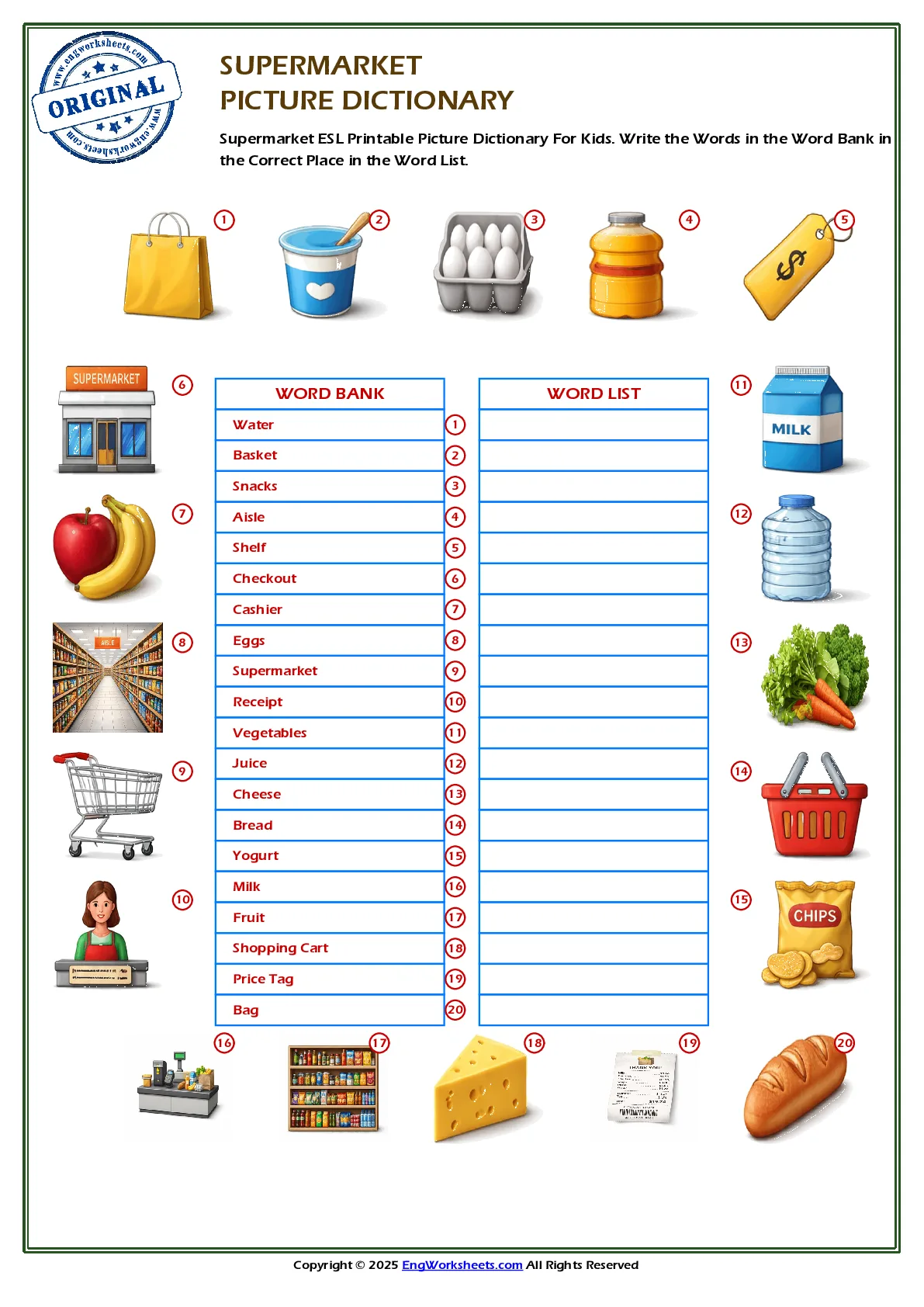 Supermarket ESL Printable Picture Dictionary For Kids. Write the Words in the Word Bank in the Correct Place in the Word List. Worksheet Preview