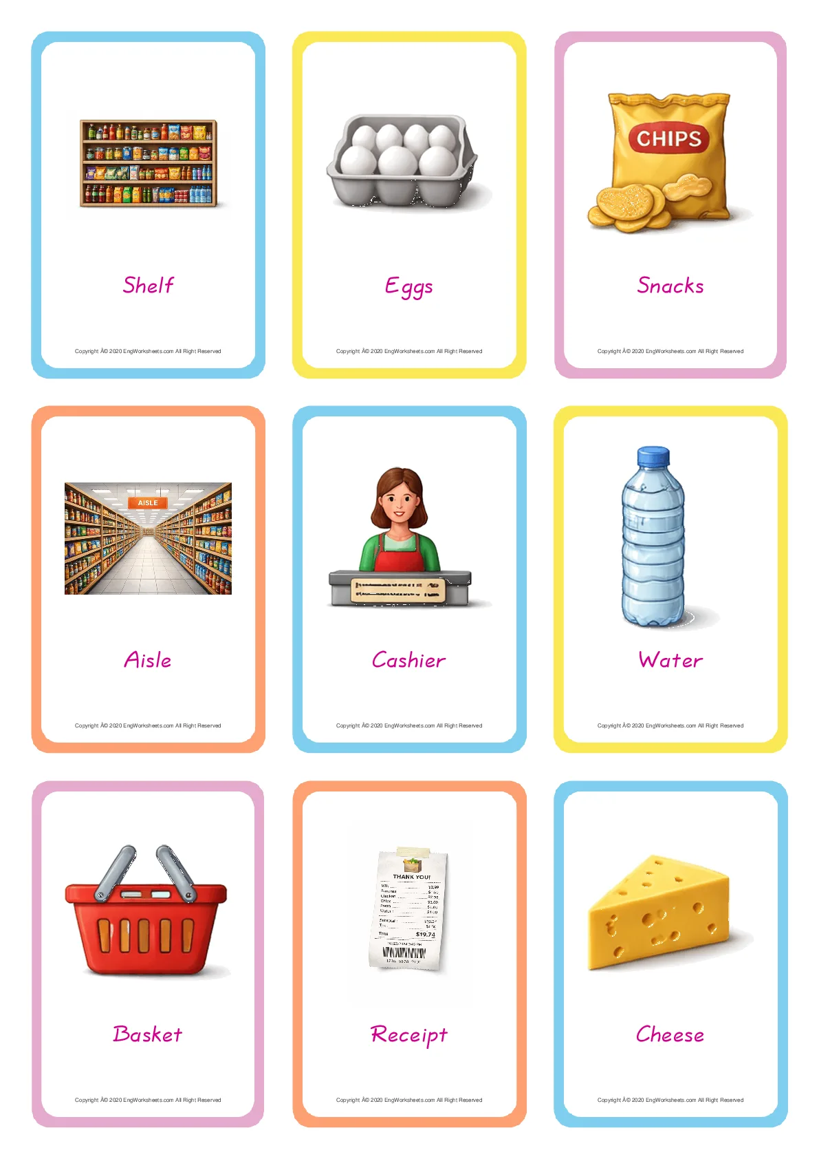 Supermarket vocabulary worksheet with words, nine images per page Worksheet Preview