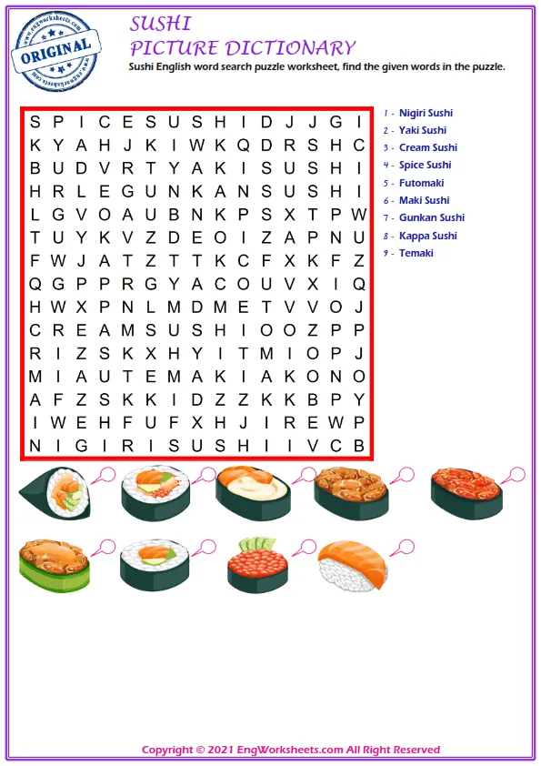 Sushi English word search puzzle worksheet, find the given words in the puzzle. Worksheet Preview