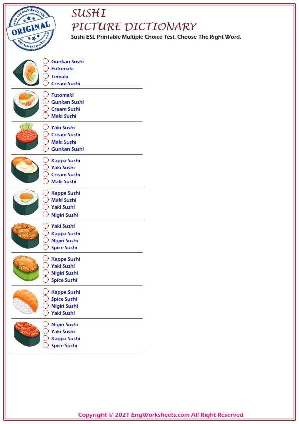 Sushi ESL Printable Multiple Choice Test. Choose The Right Word. Worksheet Preview