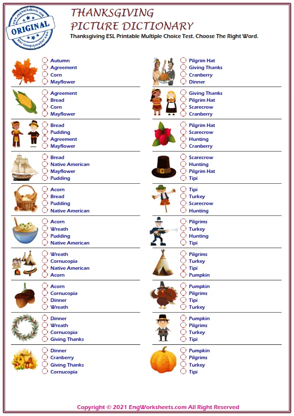 Thanksgiving ESL Printable Multiple Choice Test. Choose The Right Word. Worksheet Preview