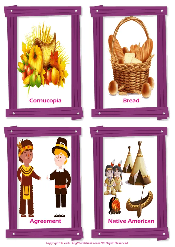 Thanksgiving vocabulary worksheet with words, four images per page Worksheet Preview