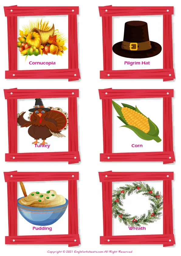 Thanksgiving vocabulary worksheet with words, six images per page Worksheet Preview