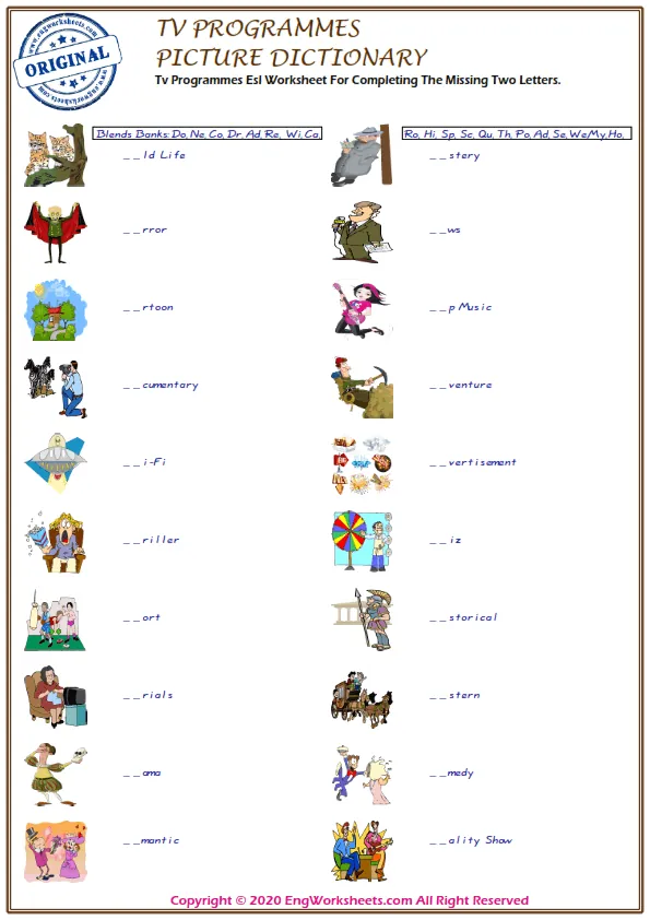 Tv Programmes Esl Worksheet For Completing The Missing Two Letters. Worksheet Preview
