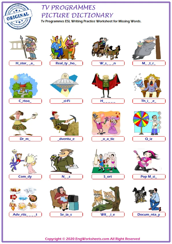 Tv Programmes ESL Writing Practice Worksheet for Missing Words. Worksheet Preview