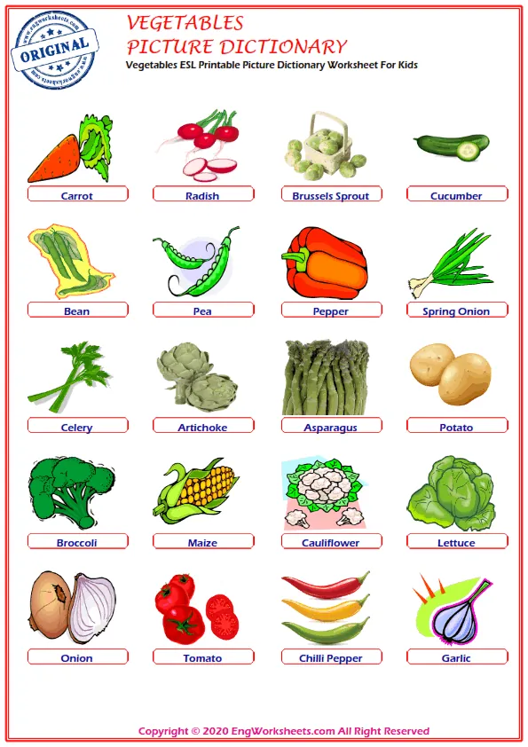Vegetables ESL Printable Picture Dictionary Worksheet For Kids Worksheet Preview