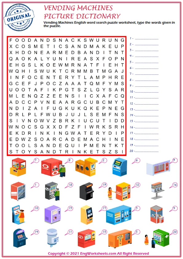 Vending Machines English word search puzzle worksheet, type the words given in the puzzle. Worksheet Preview