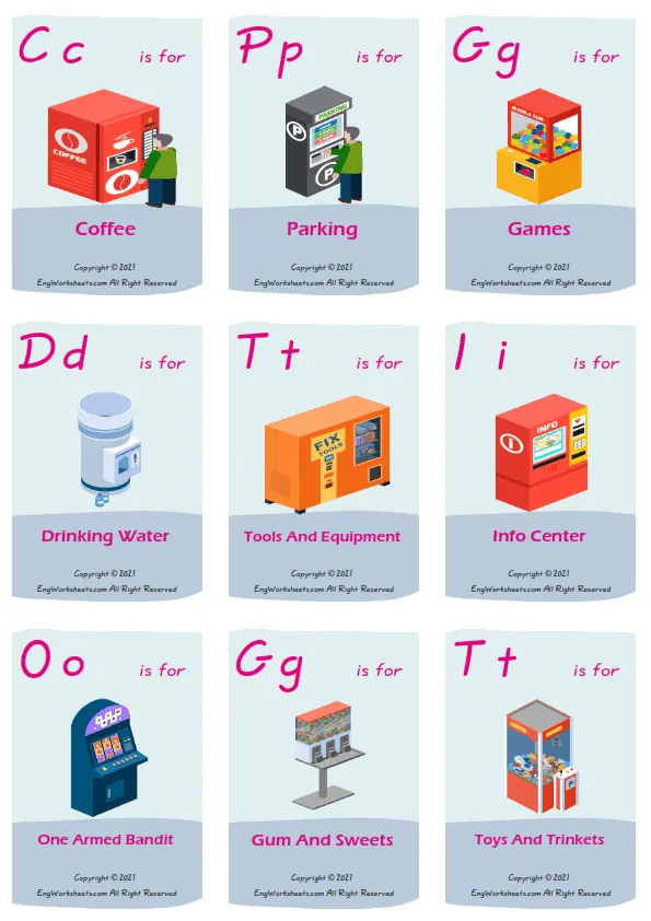 Vending Machines vocabulary worksheet with words, nine images per page Worksheet Preview