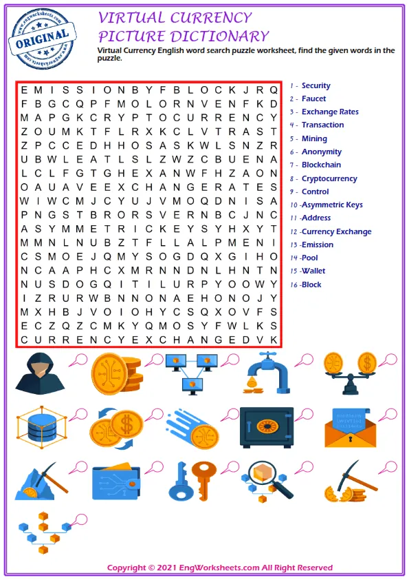 Virtual Currency English word search puzzle worksheet, find the given words in the puzzle. Worksheet Preview
