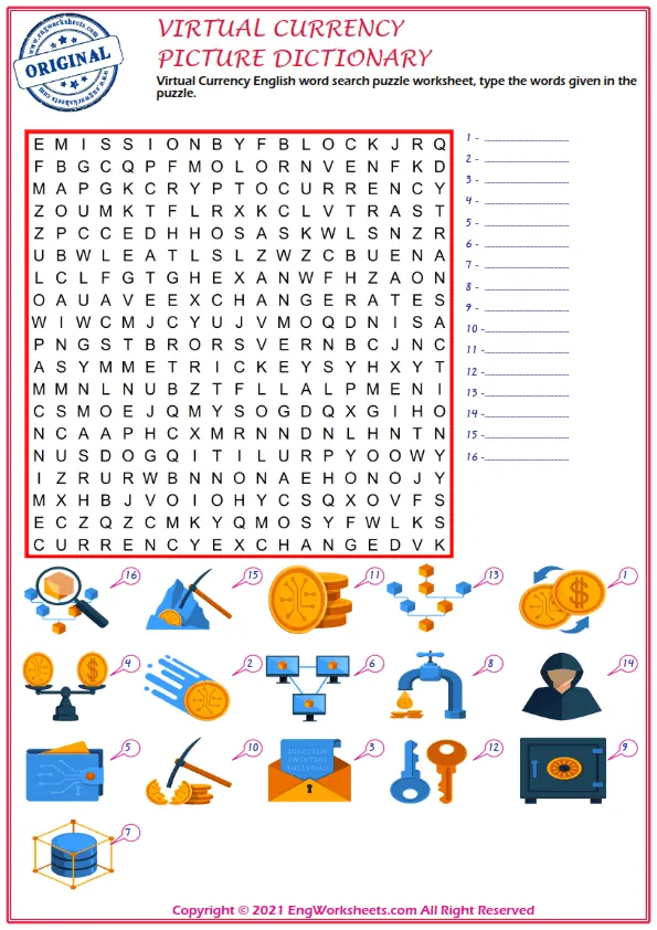 Virtual Currency English word search puzzle worksheet, type the words given in the puzzle. Worksheet Preview