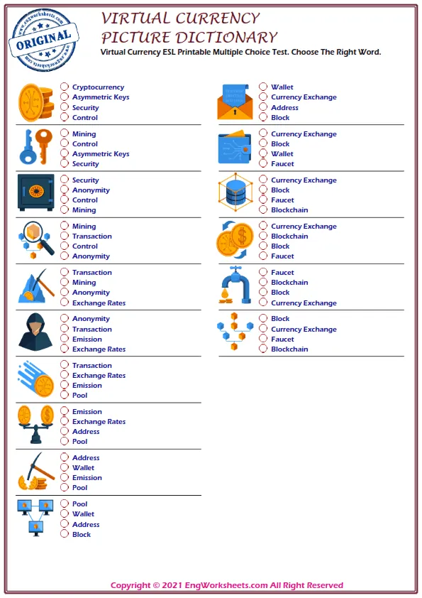 Virtual Currency ESL Printable Multiple Choice Test. Choose The Right Word. Worksheet Preview