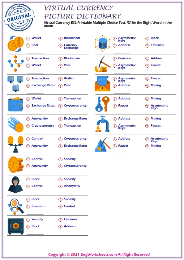 Virtual Currency ESL Printable Multiple Choice Test. Write the Right Word in the Blank. Worksheet Preview