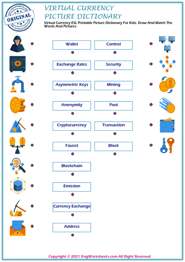 Virtual Currency ESL Printable Picture Dictionary For Kids. Draw And Match The Words And Pictures. Worksheet Preview