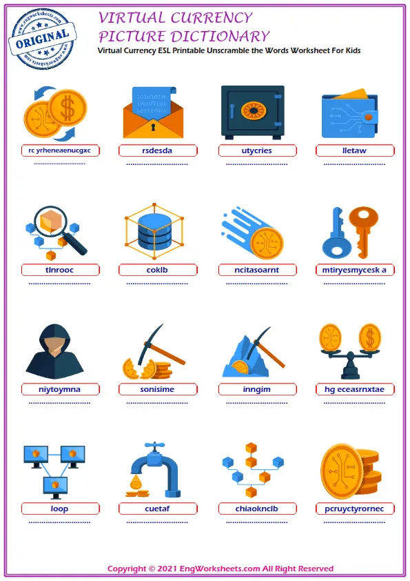 Virtual Currency ESL Printable Unscramble the Words Worksheet For Kids Worksheet Preview