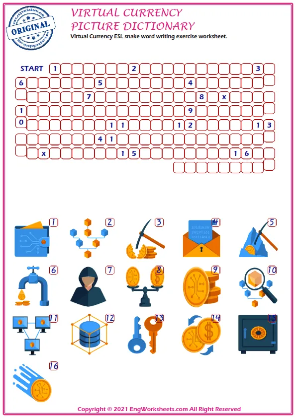 Virtual Currency ESL snake word writing exercise worksheet. Worksheet Preview