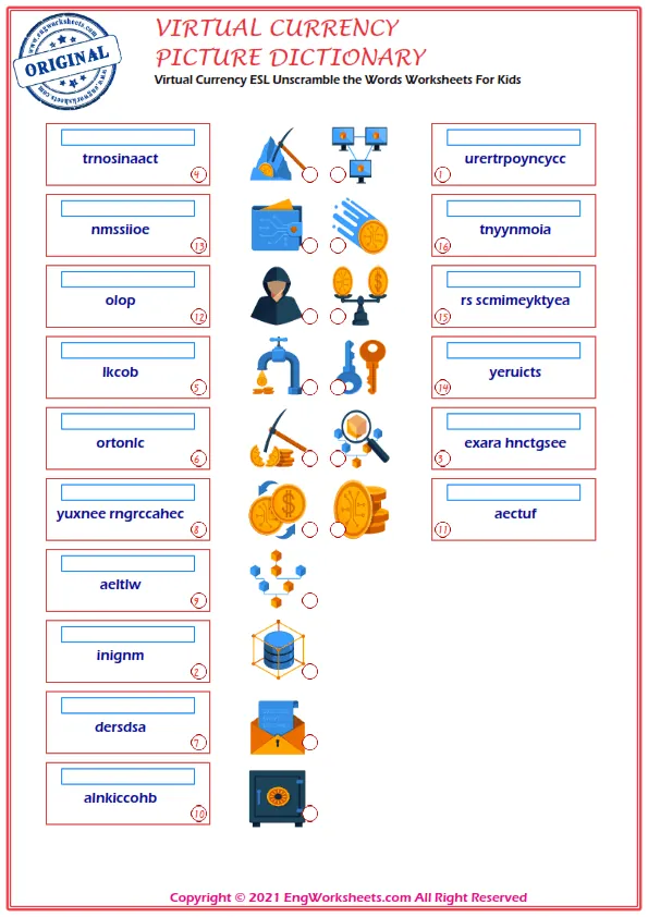 Virtual Currency ESL Unscramble the Words Worksheets For Kids Worksheet Preview