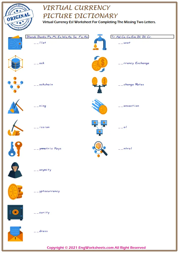 Virtual Currency Esl Worksheet For Completing The Missing Two Letters. Worksheet Preview