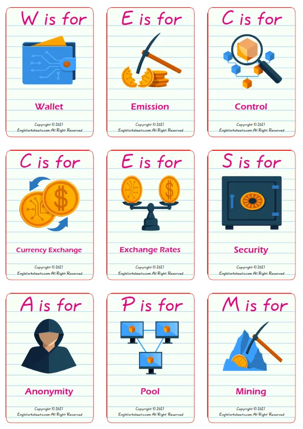 Virtual Currency vocabulary worksheet with words, nine images per page Worksheet Preview