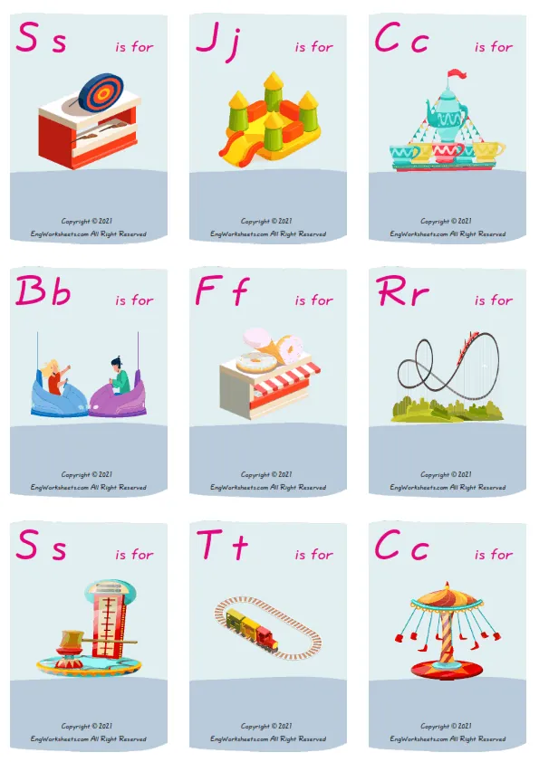 Wordless Amusement Park vocabulary worksheet with nine images per page Worksheet Preview