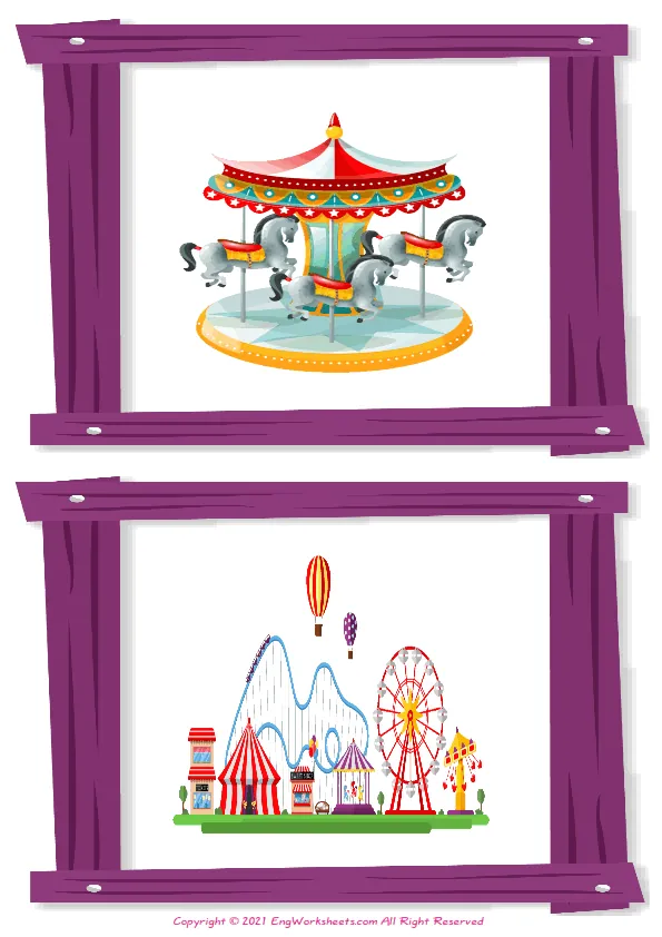 Wordless Amusement Park vocabulary worksheet with two images per page Worksheet Preview