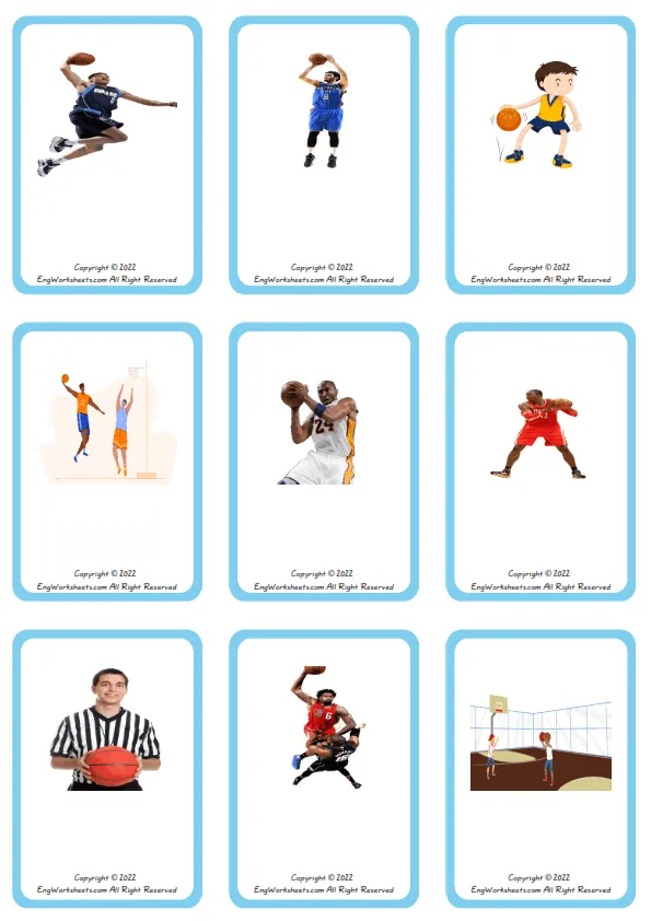 Wordless Basketball vocabulary worksheet with nine images per page Worksheet Preview