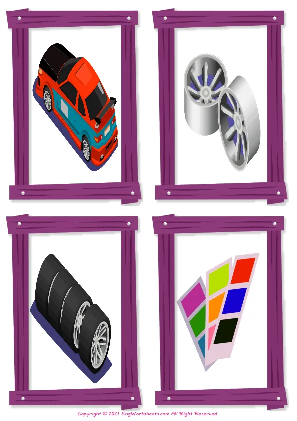 Wordless Car Tuning vocabulary worksheet with four images per page Worksheet Preview