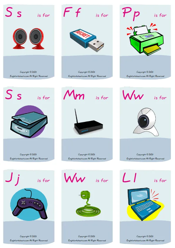 Wordless Computer Parts vocabulary worksheet with nine images per page Worksheet Preview